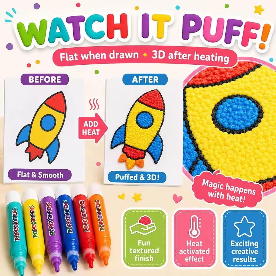 Art Craft Journals - Puffy Popcorn Pen Set, Smooth Easy‑to‑Color
